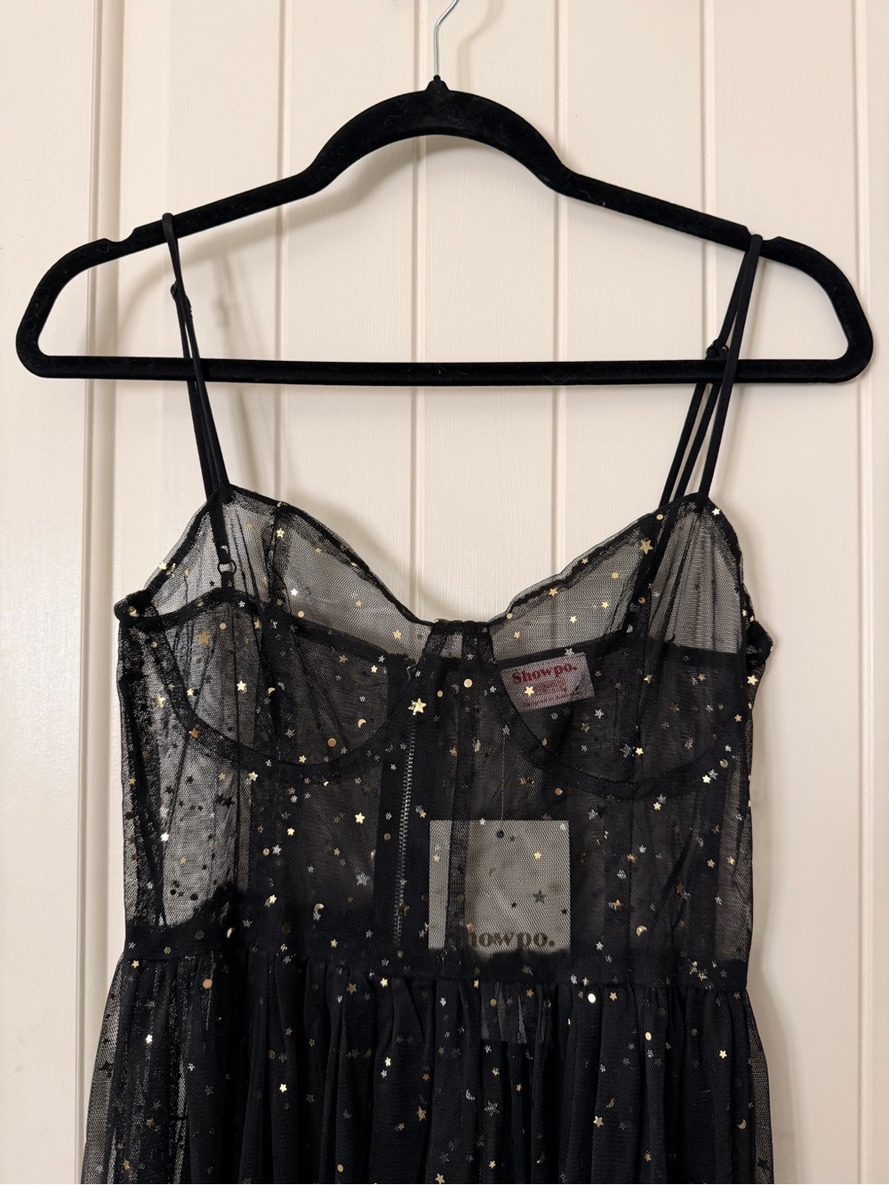 Showpo Black Mesh Star-Embellished Strapless-Look Slip Dress great for Halloween